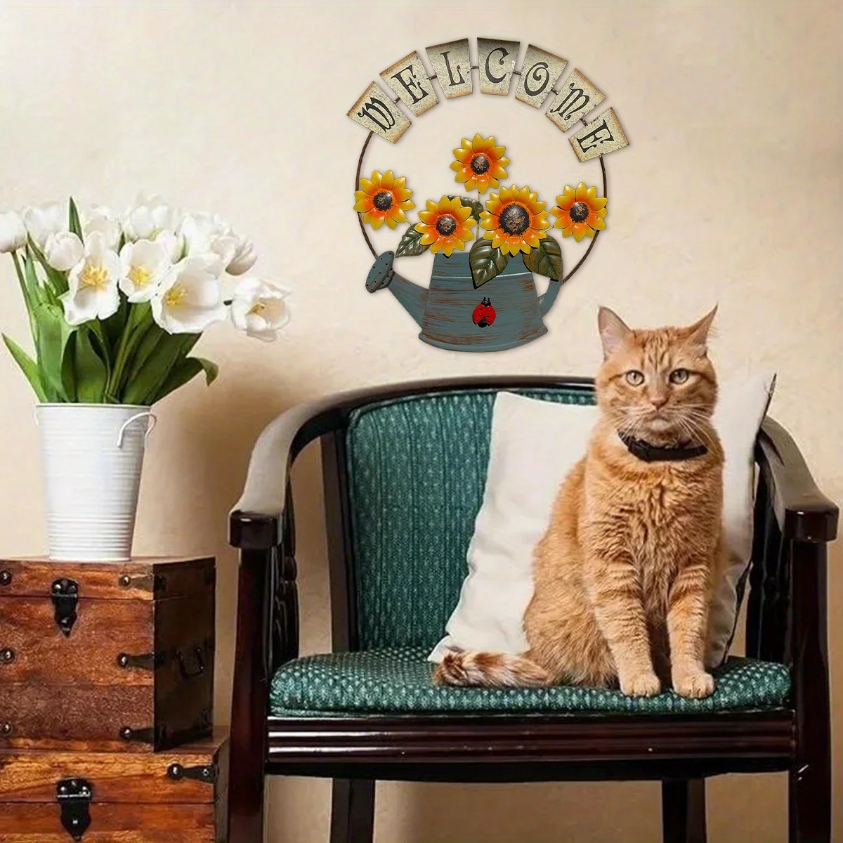 

Handcrafts Vintage Metal Watering Pot Sunflower Welcome Sign Front Door Decor Hanging Outdoor Wreath Decorative Door