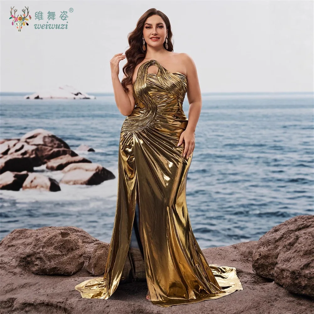

Plus Size Gold Strapless Waist-cinching Mermaid Luxurious Evening Dresses Sexy High Slit Pleating Glossy Party Night Prom Dress