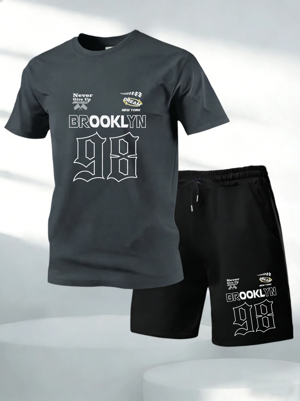 

Two Pieces Set Brooklyn New York Number 98 Print Cotton T-Shirts Pants Mens O-Neck Oversize Soft Tops High Waisted Pocket Shorts
