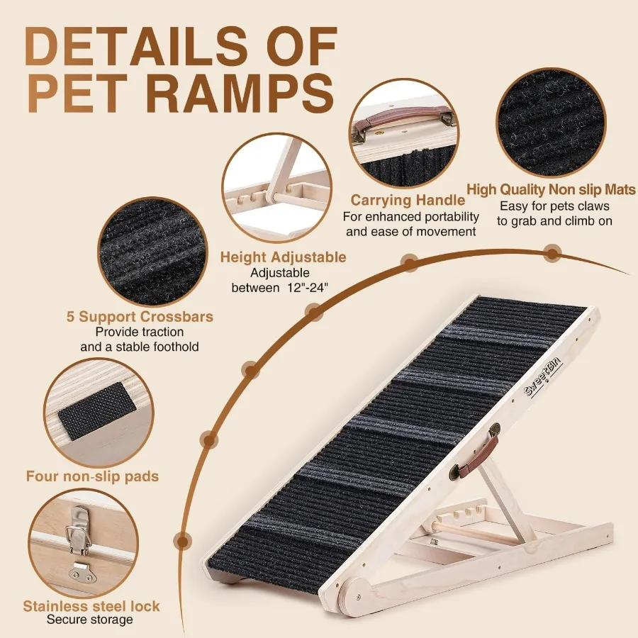 Rampa para perros para cama Rampa plegable para perros de pequeño a grande para sofá 6 Altura ajustable de 12 a 24 escaleras con estera de alta tracción Woo