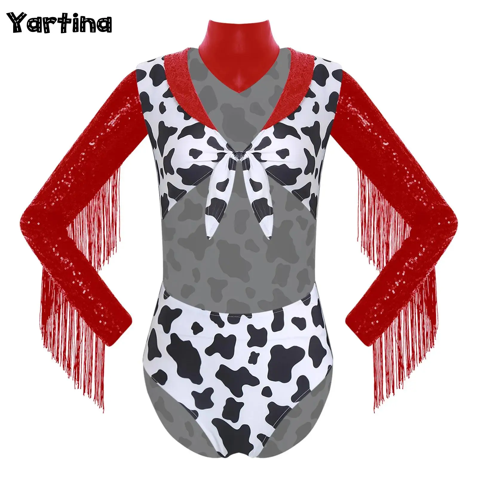

Womens Circus Devil Killer Western Cowgirl Cosplay Costume Shiny Sequins Tassels Bodysuit with Neck Scarf Halloween Outfits