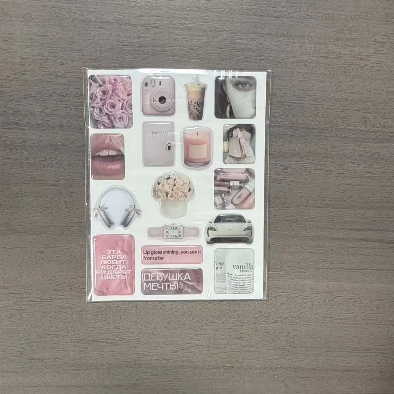 Gentle Pink Russian Rose Girl-Themed Journal Stickers, Milk Tea Camera Fragrance Film Square Stickers, Ins Korean Style Vibe Guka Phone Case, Water Cup, Notebook DIY Waterproof Decorative Collage Stickers, Non-Repeating