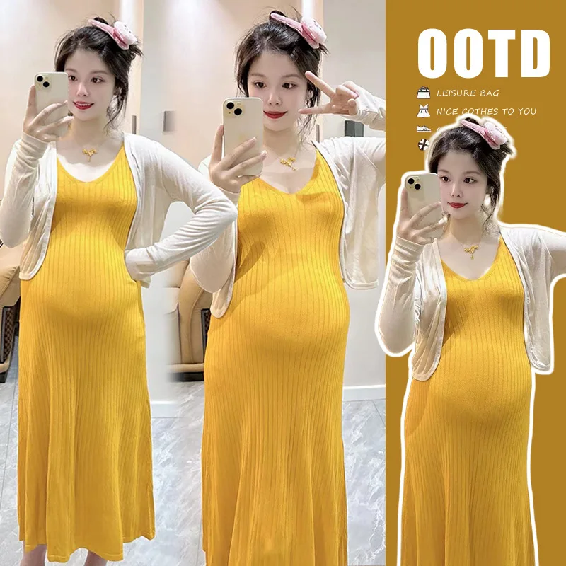 

Pregnant Women's Summer Dress 2025 New Fashionable Temperament Slimming Camisole Skirt Two-piece Set