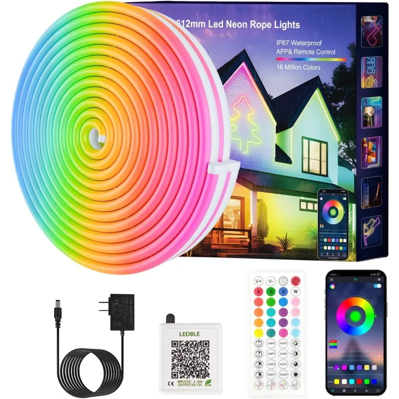 Neon Rope Lights, JIAMEI 50FT RGB LED Strip Lights, App Control, IR Remote, Music Syncing, Outdoor IP