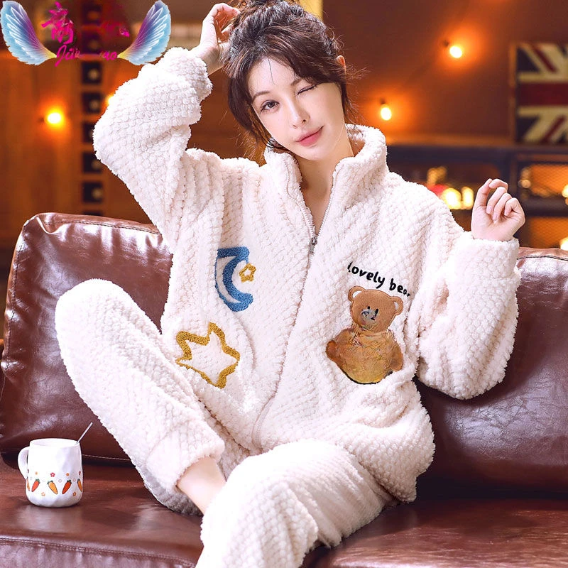 Can Be Worn Over Winter Flannel Ladies' Homewear Set Autumn / Winter Coral Velvet Pajamas for Women with Velvet Zip-up Cardigan