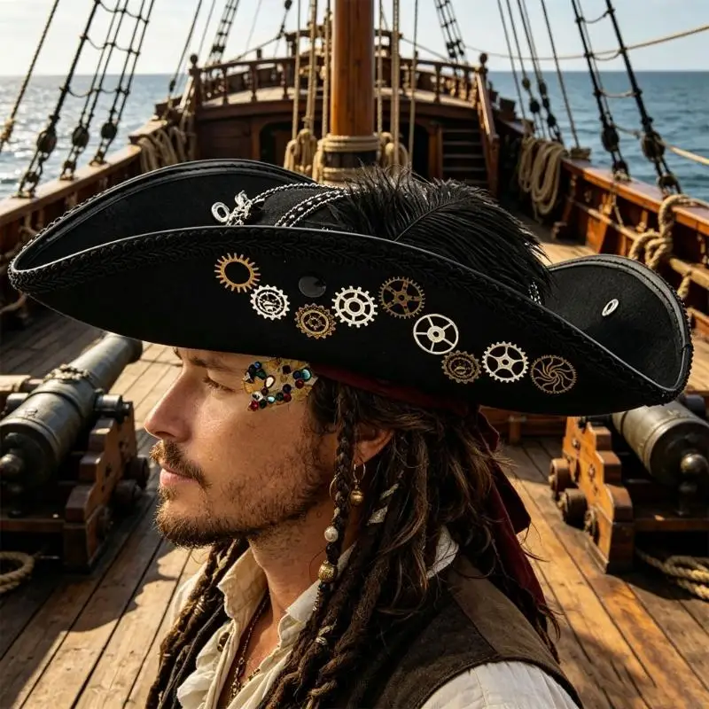Klassischer schwarzer Piratenhut mit Zierbesatz, Piratenhut für Erwachsene, perfekt für Halloween-Verkleidung und Y08E – Detail 4