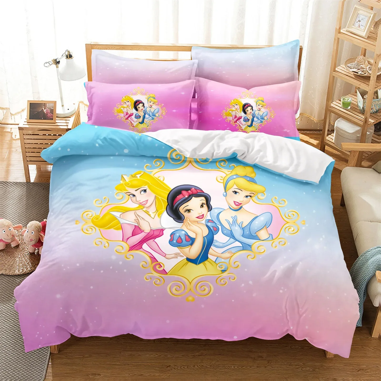 Disney Princess Duvet Cover Pillowcase Anime Cartoon Duvet Cover Set Skin-friendly Home Bedding Set , Gift for Girls