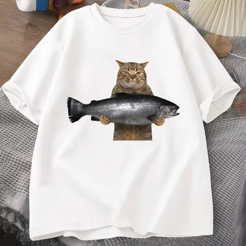 Men Women Fish Funny Meme Cat Meme T Shirts Tops Summer Short Sleeve T-Shirt O Neck Humor Tshirt Men's Clothes Graphic Y2K