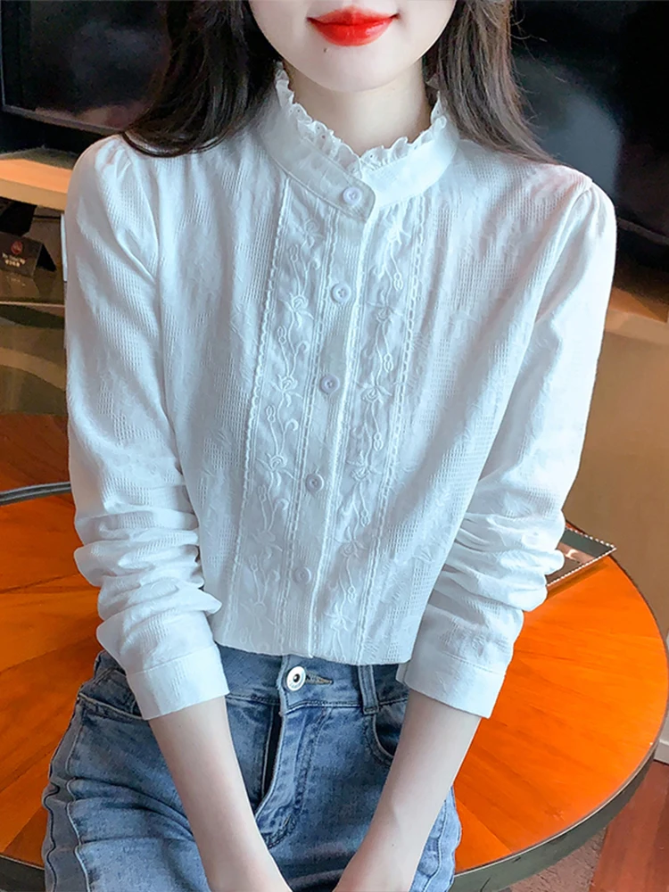 

Женская рубашка из чистого хлопка с вышивкой, весенне-осенняя, свободного кроя, тонкая, с длинным рукавом, воротником-стойкой, в корейском стиле, для повседневной носки, модный топ