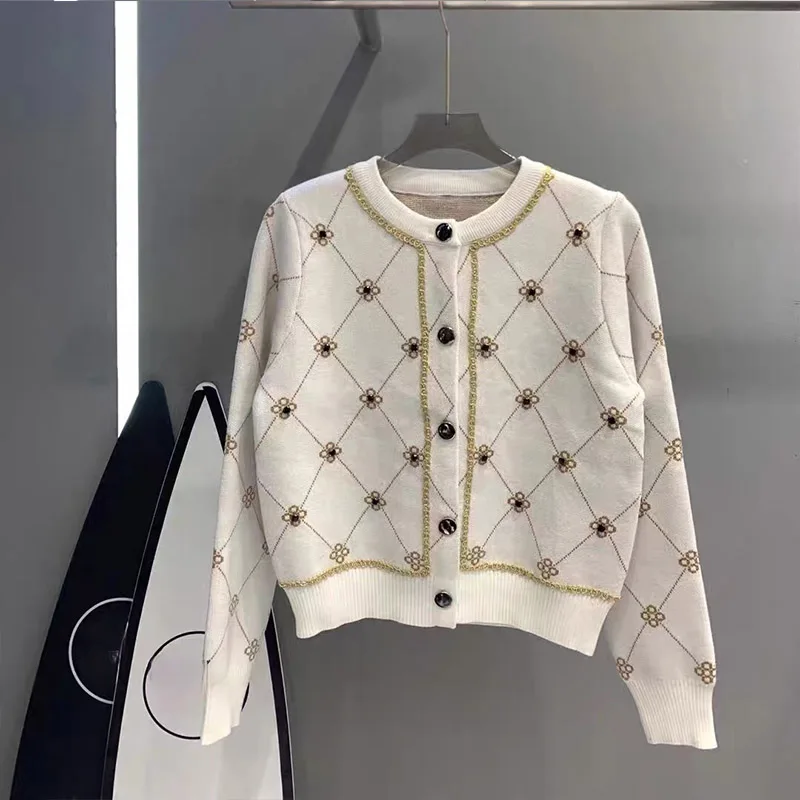 Autumn Winter Vintage Elegant Short Style Knitted Cardigan Women Y2k Fashion Jacquard Loose Commute O-neck Sweaters