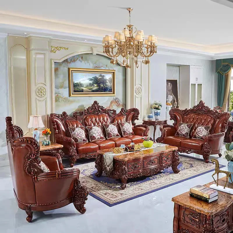 

TAO New European leather sofa full solid wood carving flower American classical first layer cowhide luxury furniture