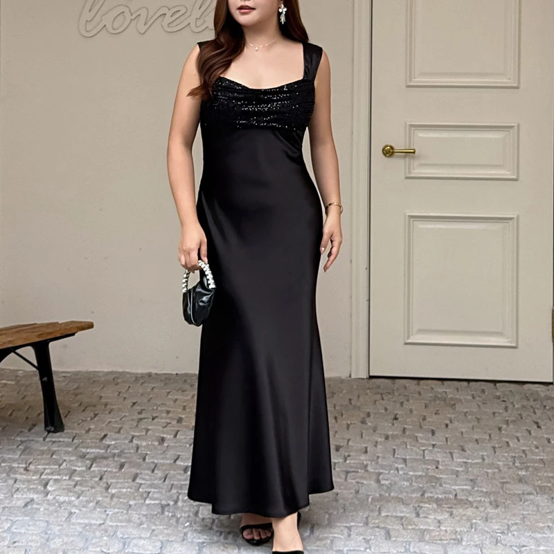 

Premium Curvy Ladies Glossy Satin Slanted Cutting Trumpet Dress Plus Size Women Luxury Banquet Formal Maxi Dress 9334
