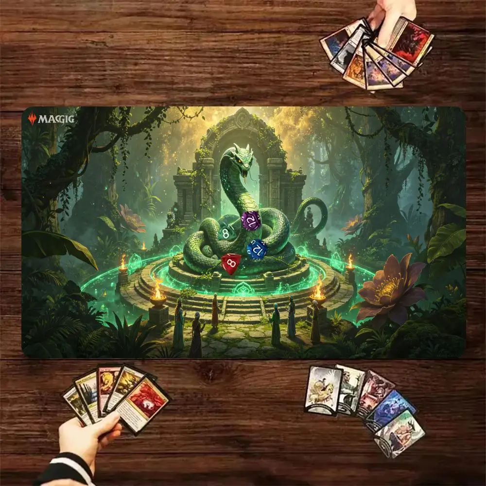 60X35cm Giant Green Serpent Ancient Temple Play mat Large Table Mat with Stitched Edge Non-Slip Rubber Desk Pad for Card Gaming