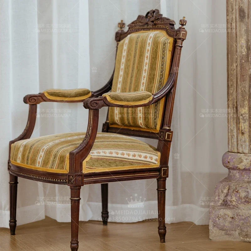 Retro living room small apartment solid wood single and double three-person sofa chair fabric art medieval engraving antique