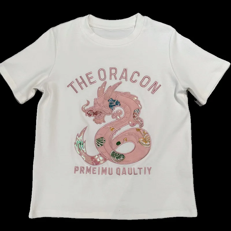 New Chinese Style Heavy Embroidery Sequin Dragon Year Short Sleeve T-Shirt Women Summer Loose Base Shirt Top Korean Style Cotton view 5