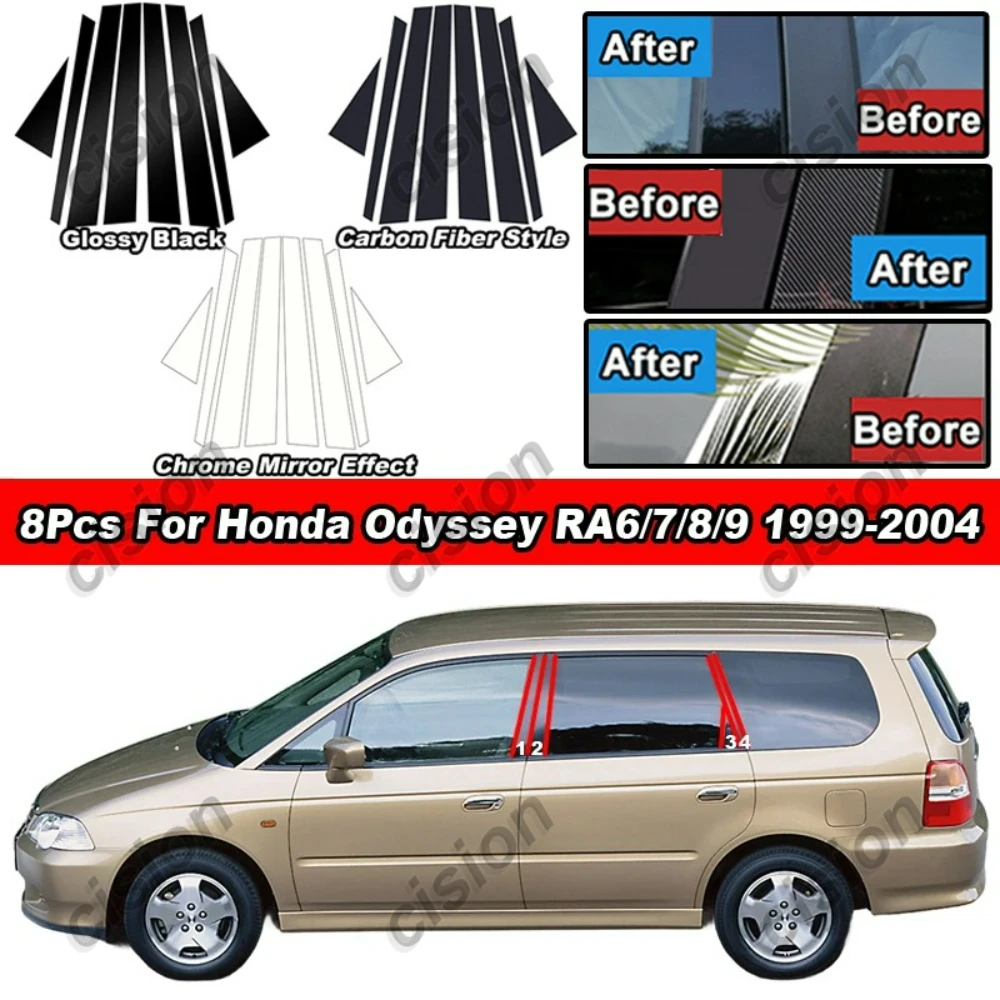 8x Car Door Frame Center B C Pillar Post Cover Trim For Honda Odyssey RA6/7/8/9 1999-2004 Window Middle Column Mirror PC Sticker