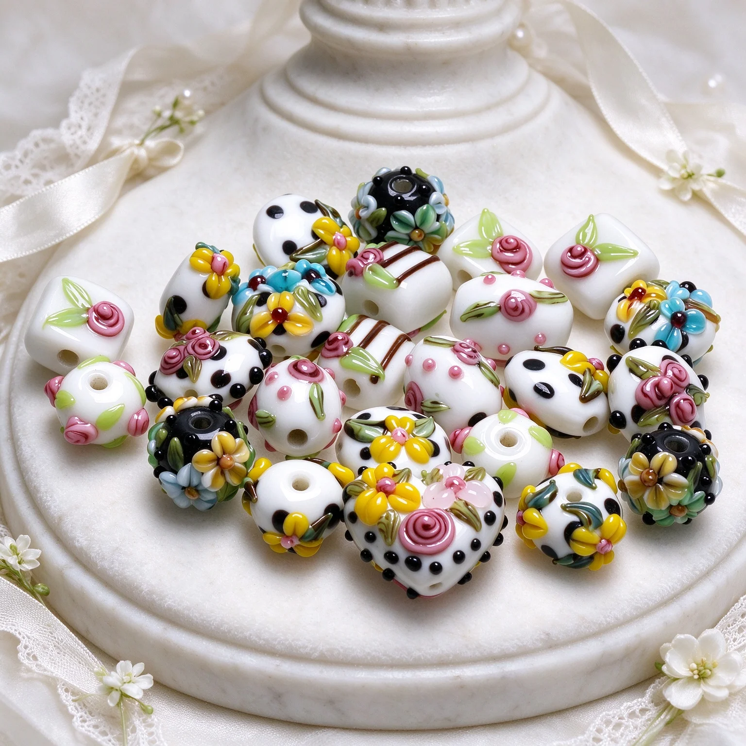 Mixed Handmade Lampwork Glass Beads White Base 3D Rose Flower Loose Spacer DIY Bracelet Necklace Jewelry Making Accessory