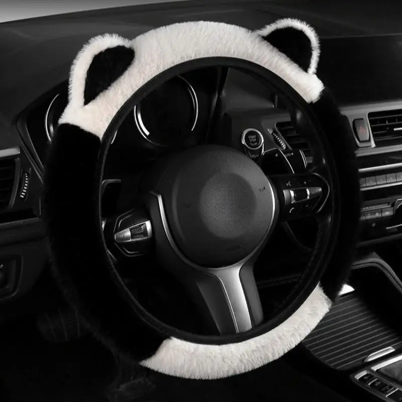 38cm Fluffy Cat Ear Steering Wheel Cover Warm Printed Soft Fleece Non-slip Car Sleeve for Winter Car Interior Use