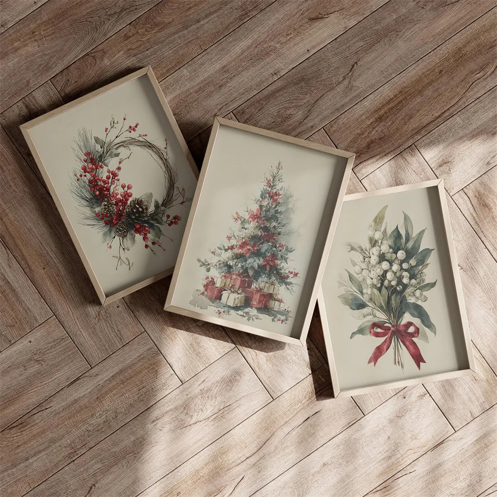 مجموعة فنية جدارية لديكور عيد الميلاد والشتاء بألوان مائية مكونة من 3 ملصقات أو طباعة قماشية، إكليل شجرة عيد الميلاد وفن جداري الهدال