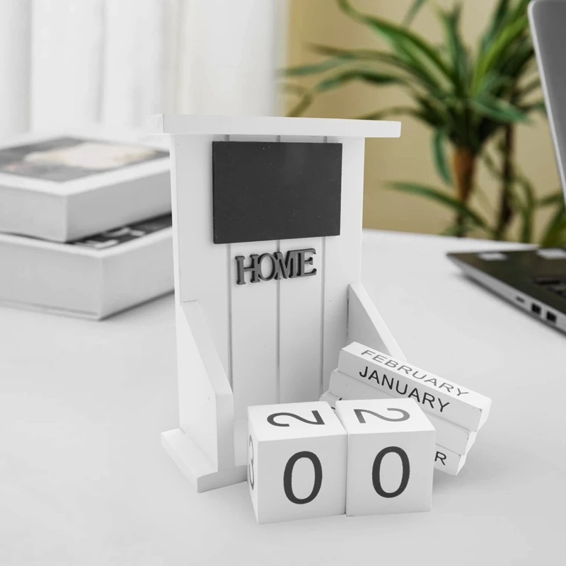 Houten Bureaublok Kalender-Eeuwigdurende Kalendermaand Datumweergave Huiskantoordecoratie (Wit)