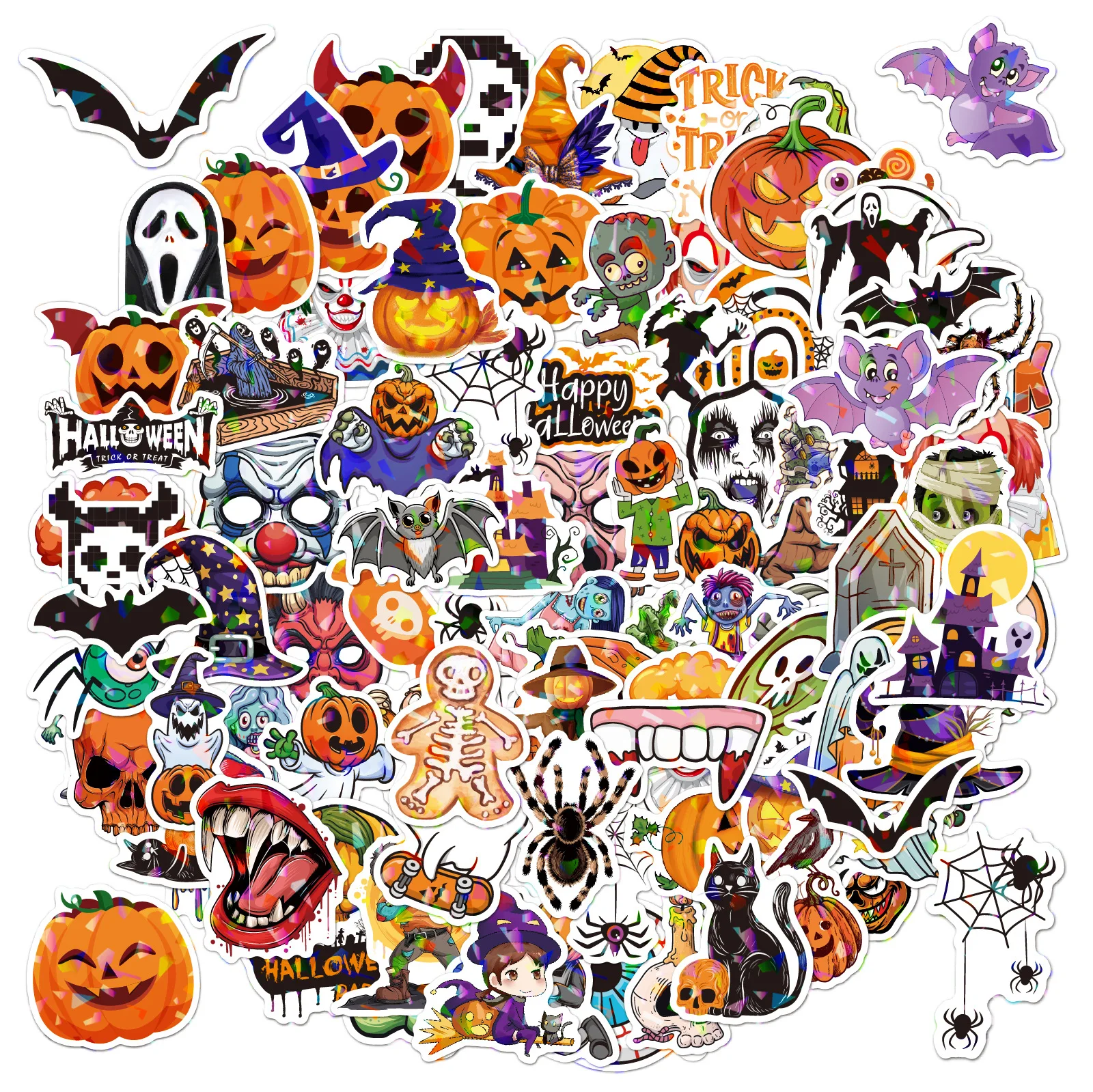 100pcs-adesivos-holograficos-de-halloween-brilhantes-a-prova-d'Agua-para-decoracao-de-festas-brindes-jogos-presentes-suprimentos-para-festas-laptops-e-malas