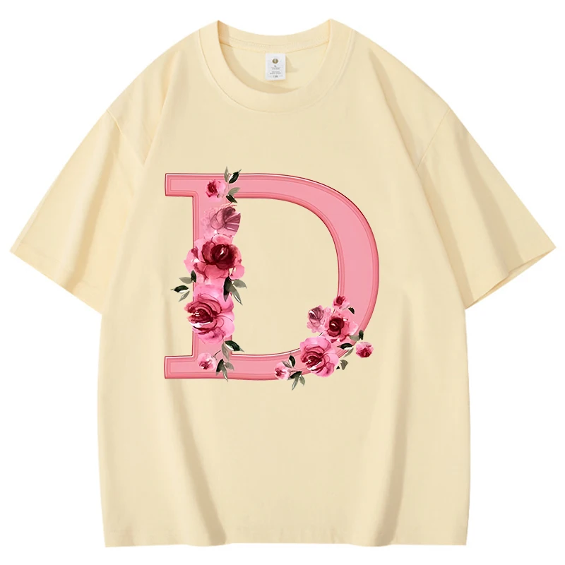 Flower Decoration Capital Letter D Printing Cotton Men Women T Shirt Unisex Casual Tops Harajuku Short Sleeve Comfortable Tops