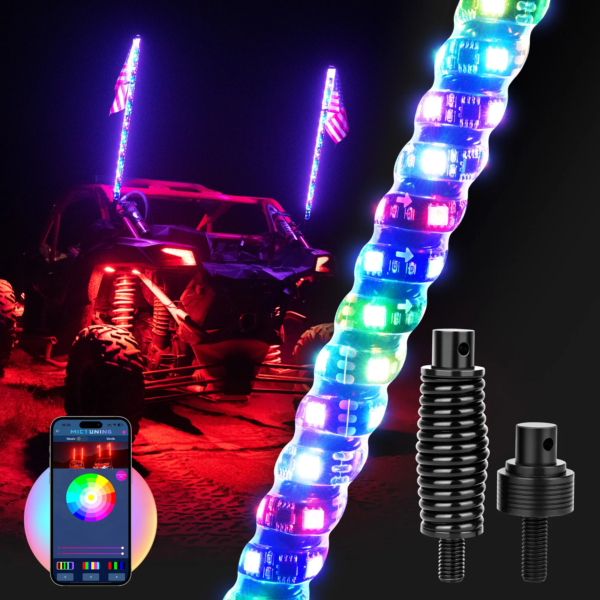 

2pcs 4FT LED Whip Lights - Spiral Bendable RGB+IC Chasing Color Antenna Whips With App Control for UTV ATV RZR Can-Am SXS Truck