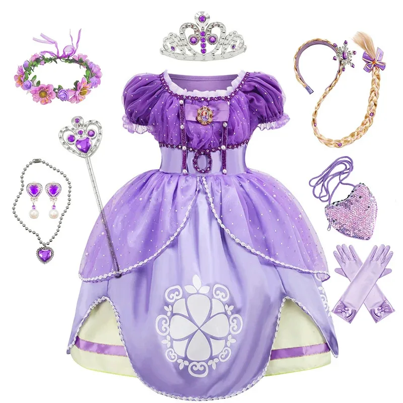 

Little Princess Dress For Girl Sofia Children Pearl Applique Cosplay Costume Kids Halloween Luxury Fluffy Tulle Clothes New