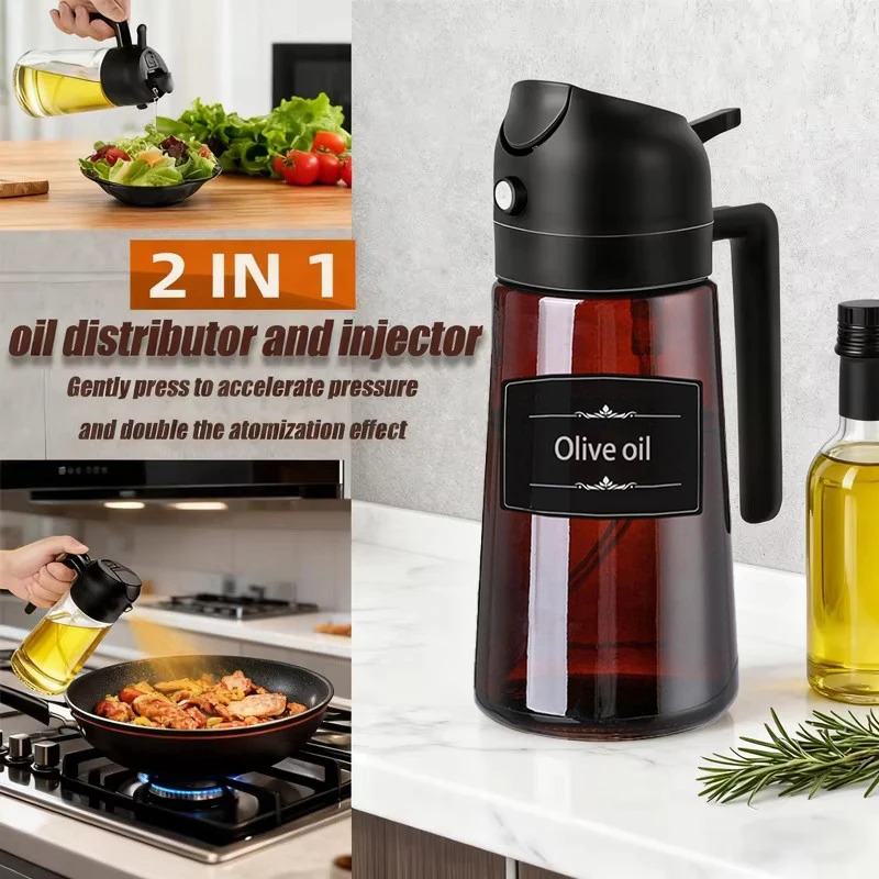Dispensador de Aceite de Vidrio Marrón 2 en 1 de 16 oz/470 ml, Rociador de Aceite de Oliva Ecológico a Prueba de Fugas para Cocinar, Hornear, Asar a la Parrilla