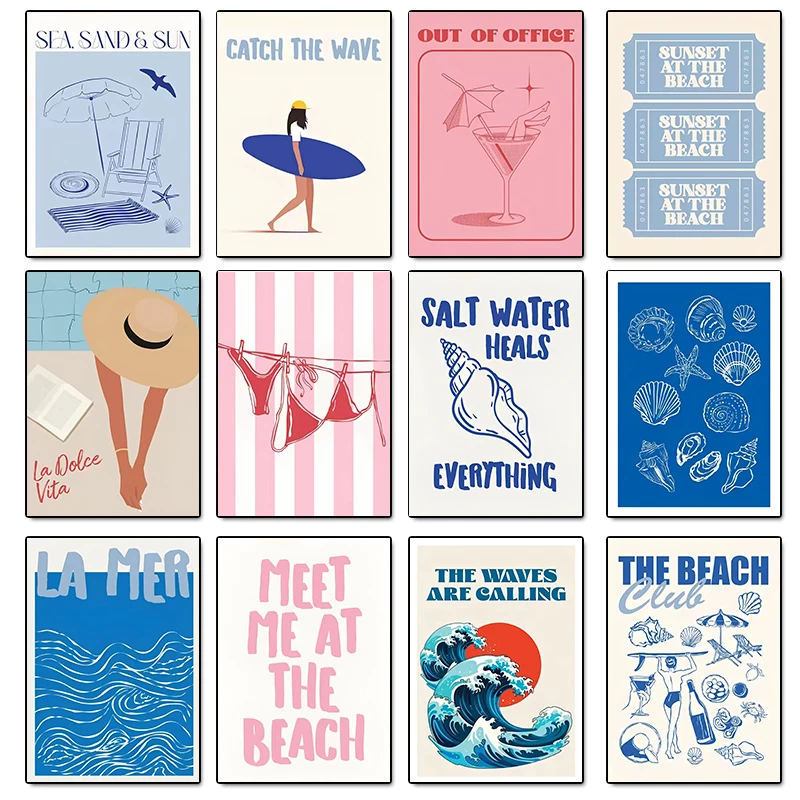 

Seashells Meet Me At The Beach Poster Summer Sea Bikini Coastal Quotes Canvas Painting Trendy Wall Art Room Home Decor Unframed