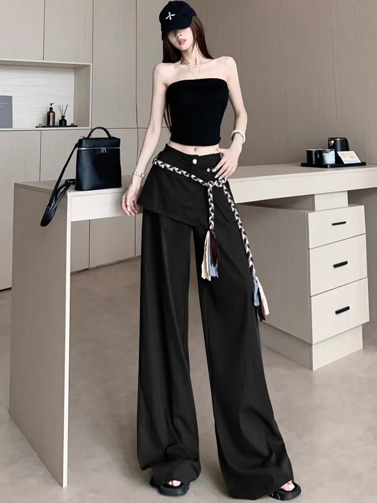 อเมริกัน Casual กางเกงทหารสีเขียวกางเกงขากว้างผู้หญิงฤดูร้อนปลอม 2 ชิ้นผายลมผ้าม่านเอวสูงเผ็ดสาวชั้นกางเกง