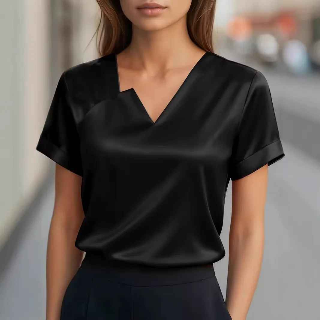 

New Elegant Short Sleeve V Neck Silk Shirt Women Fashion Loose Tee Tops Lady Commute Tops Summer Satin Women T-Shirts