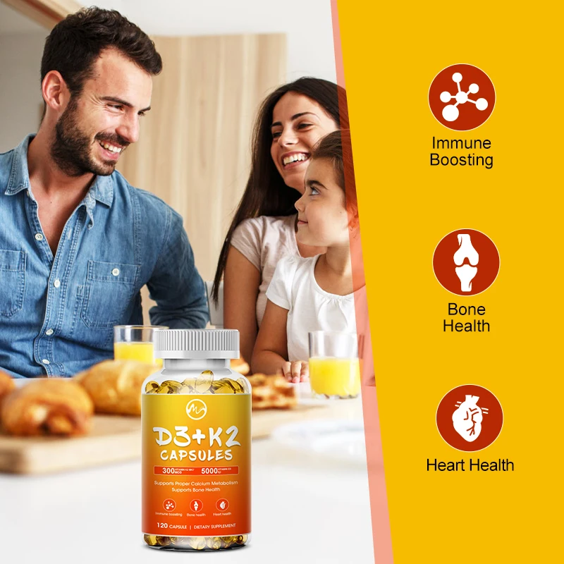 Vitamin K2+D3 Dietary Supplement Support Bone Density, Teeth and Skin, Heart Health and Support Immunity Vitamin Capsules