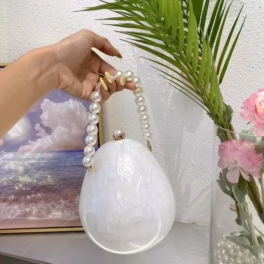 Fashion Acrylic Goose Egg Bag Shimmer Women Handbag Pearl Beading Handheld Clutch Purse Wedding Party Shoulder Crossbody Bag 2