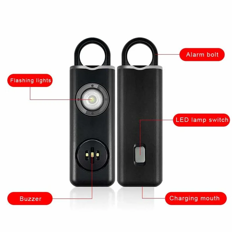 Self Defense LED Flashlight USB Rechargeable Keychain Light with Safety Alarm Protective Supplies Women Outdoor Emergency Tool