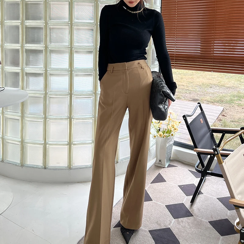 

Брюки женские прямые с завышенной талией, цвет хаки, длинные, осенние, для офиса, стройнящие, деловые, элегантные