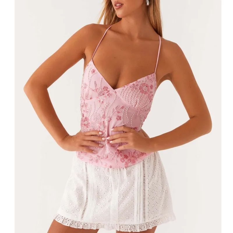 

Dopamine Tops&Tees Color Sleeveless Suspenders Camisole Topwomen Summer 2025 Personalized Embroidered Bead Back Lace Up Tees New