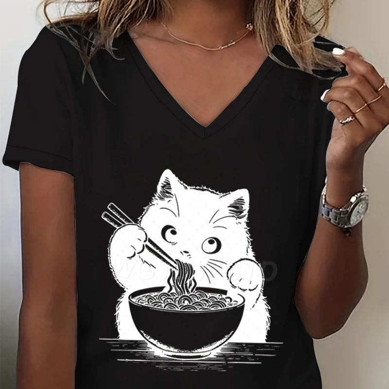 Cat Eating Ramen Funny T Shirts Cartoon Cute Cat Lover Gift Womens V-neck Short Sleeve T-shirt Japanese Noodle Cat Vintage Shirt