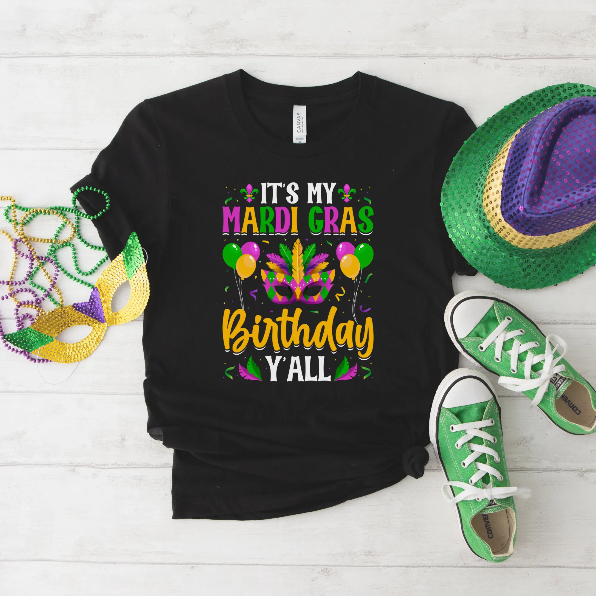 Mardi Gras Birthday T Shirt Celebration Party Carnival Wear Fun Masked Parade Creole Mask