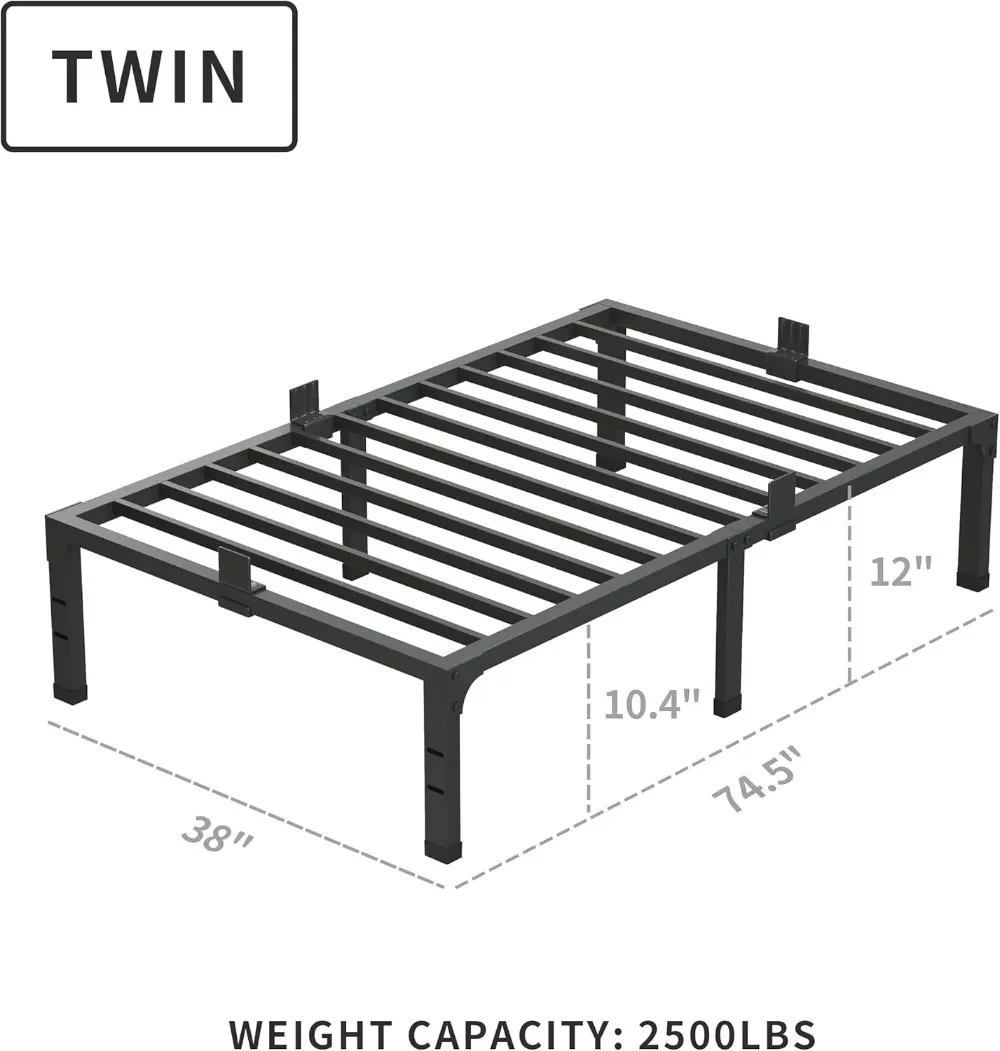 12 Inch Twin Bed Frames with Mattress Slide Stopper Black Heavy Duty Metal Platform Bed Frame Steel Slat Support, No Box Spring