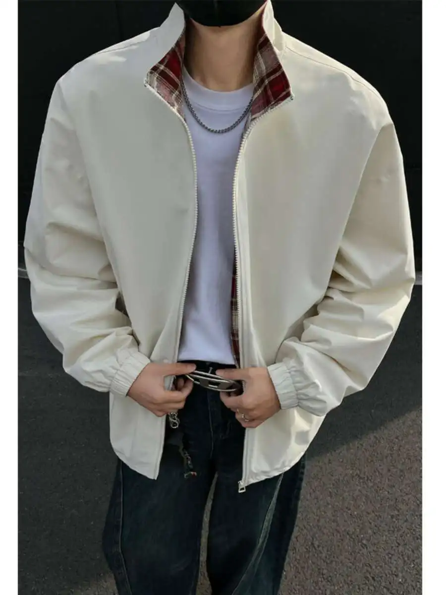 

Мужская ветровка в американском стиле с клетчатыми вставками, свободного кроя, с воротником-стойкой, осенняя новинка, модная верхняя одежда, утепленный хлопок...