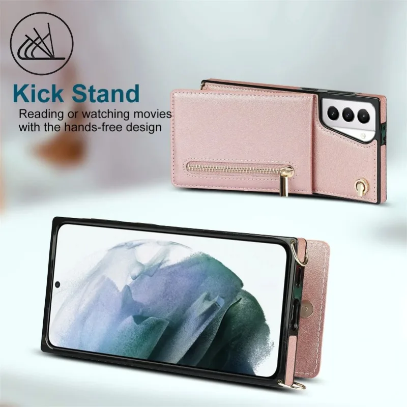 Zipper Wallet Case for Samsung Galaxy S21 S23 FE S22 S24 S25 S26 Plus Note 20 Ultra Card Holder Lanyard Crossbody Leather Cover