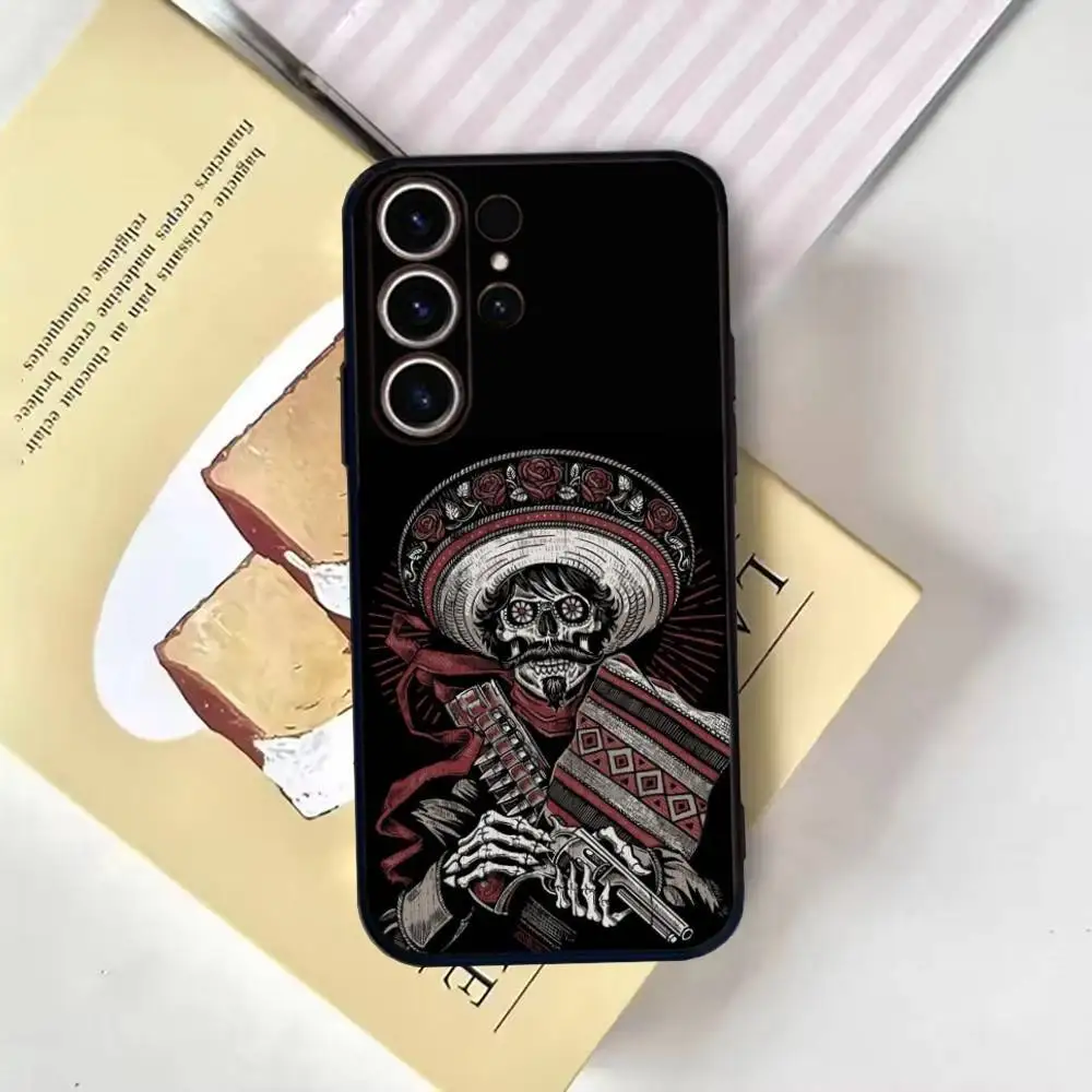 Funda de teléfono con calavera de Catrina mexicana para SamsungS25,24,21,22,23,30,Ultra,20,Plus,Fe,Lite,Note,10,9, funda negra suave