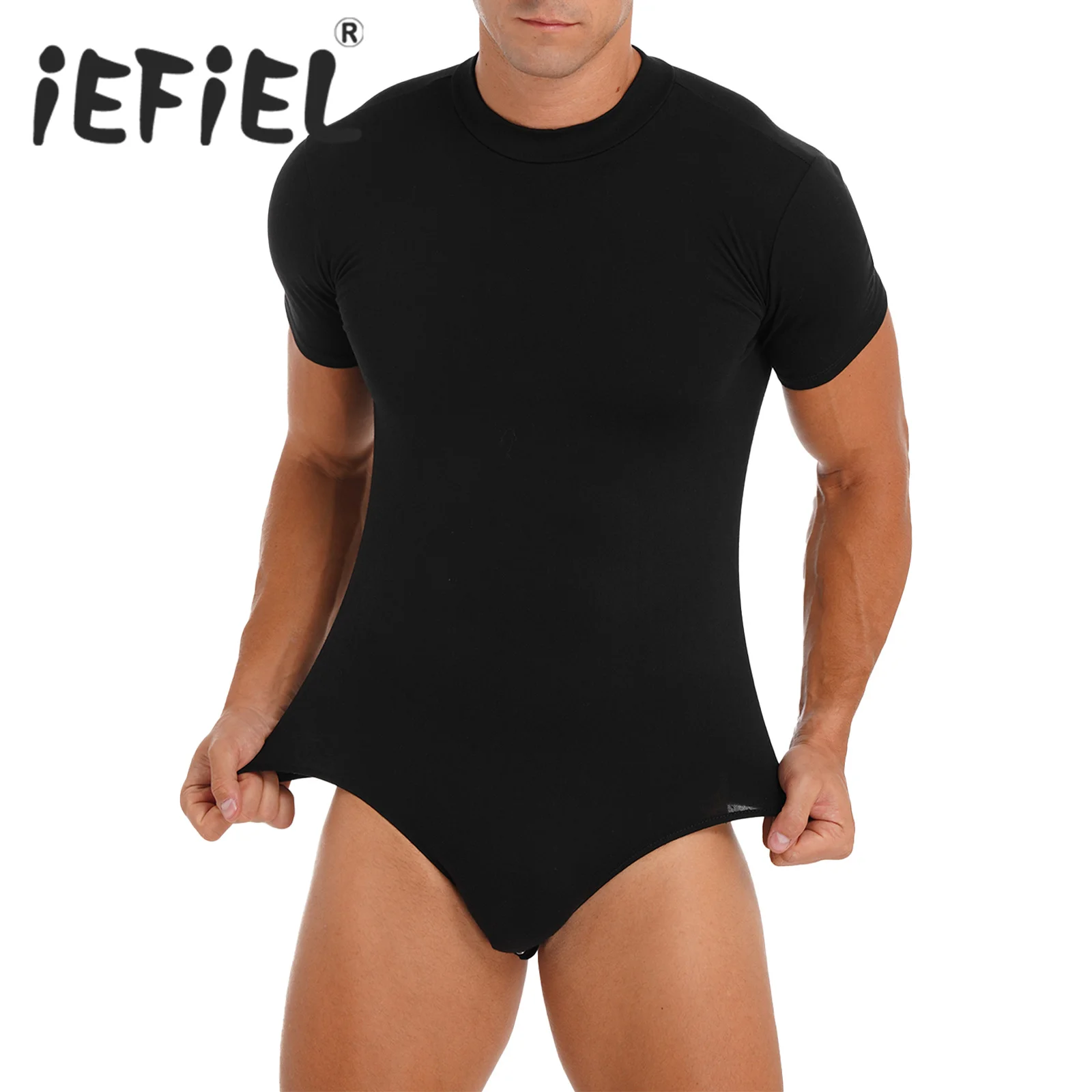 Mens Short Sleeve Bodysuit Crew Neck Leotard Undershirt Press Button Crotch Sleepwear Daily Skinny Jumpsuit for Clubwear Party