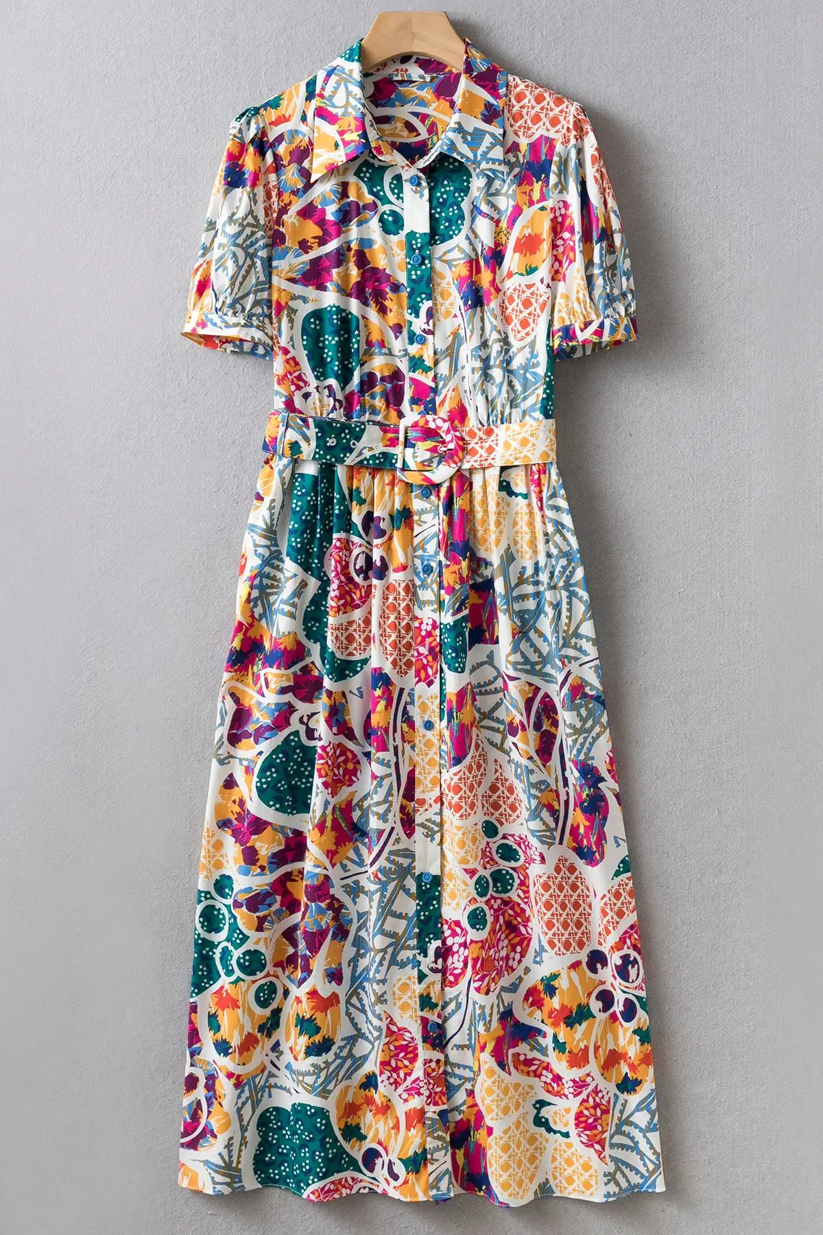 Cotton Multi Colors Printed Belted Waist Midi Shirt Dress XS-XL