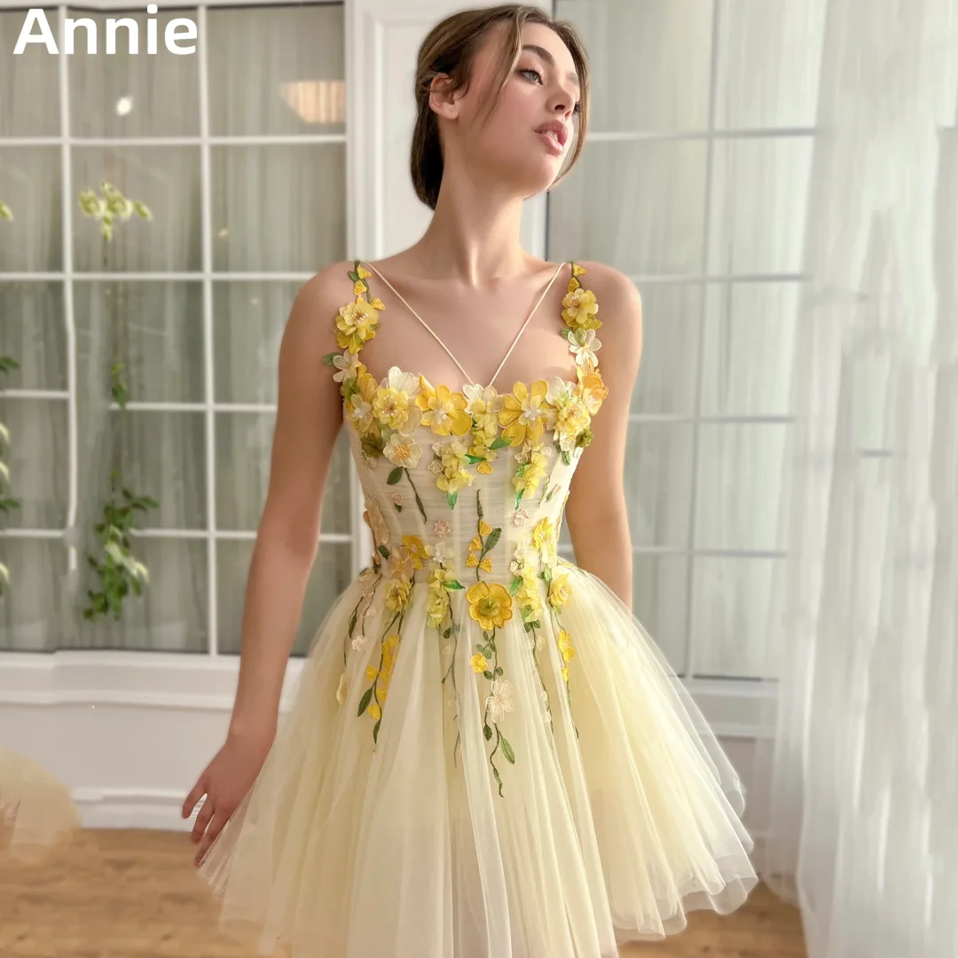 Annie 3D Embroidery Yellow Prom Dresses Princess Tulle Evening Dresses A-shaped Women's Wedding Party Dress Vestidos De Noche