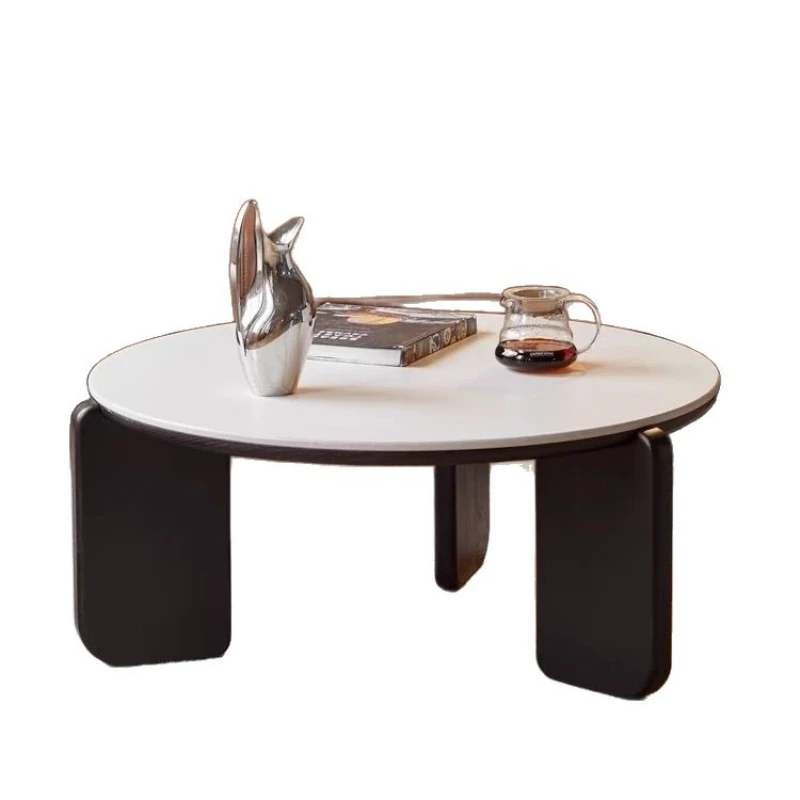 

Round light luxury solid wood black rock slab coffee table simple modern small apartment home Nordic living room sofa