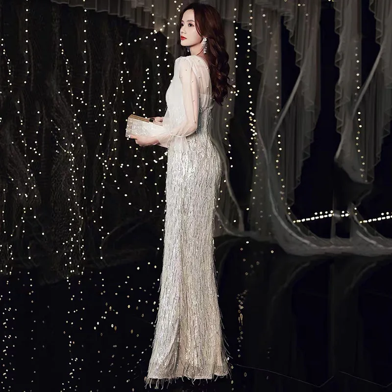 Ele Sexy Sequin 2024 New Long Evening Gown Golden Color Women's High-End Aosphere  Lady Year Conference Par Dr