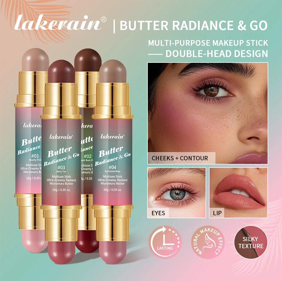 Lakerain Butter Radiance Bastone per trucco viso multiuso Guance Contorno Bastone a doppia testa Durata Labbra setose naturali Occhi 4 in 1