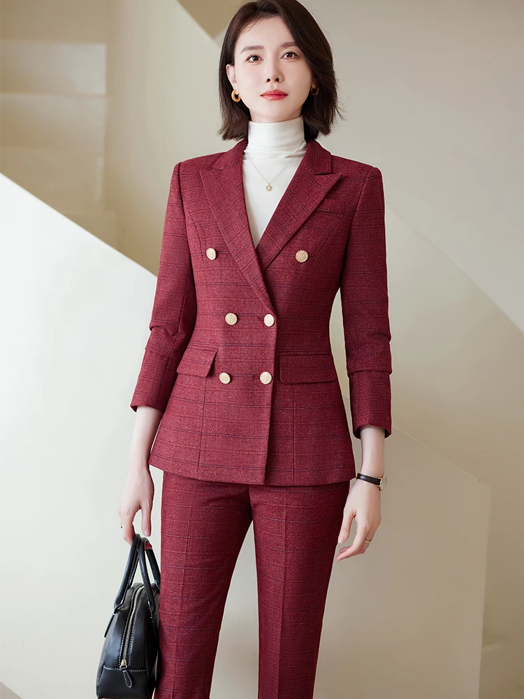 Autumn Winter Red Coffee Blue Black Ladies Pant Suit Women Female Business Work Wear Plaid Jacket and Trouser Blazer 2 Piece Set